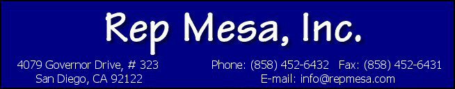 Rep Mesa, Inc.: Products include VME, PC/104 and PC products for real-time applications. Currently representing manufacturers of CPU, DSP, FDDI, SCSI, graphics, imaging and bus analyzer boards and systems as well as embedded computers, backplanes, enclosures and rack cabinets. Video cameras and rack mounted and portable displays: LCD and CRT